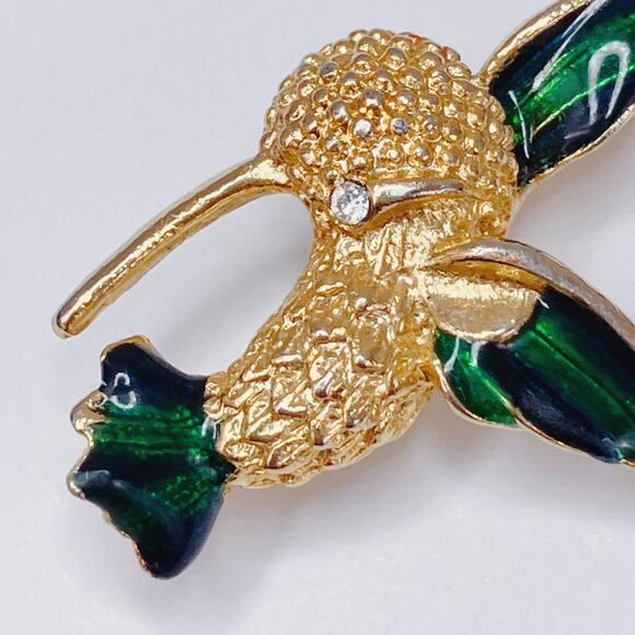 VTG Enamel Hummingbird Brooch Mid Century 60s Rhinestone Figural Gold Tone Pin - Picture 8 of 11